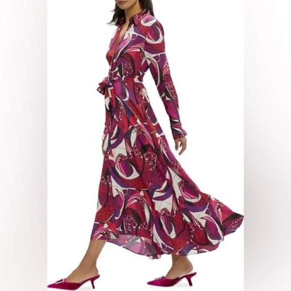 Robert Graham 2 Gianna Long-Sleeve Maxi Shirtdress fuchsia swirly button up - Picture 1 of 14